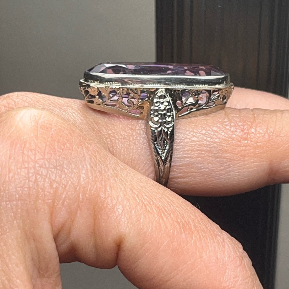 ANTIQUE 18K WHITE GOLD FILIGREE RING with FINE NATURAL AMETHYST,ART DECO,1920's - Picture 9 of 9